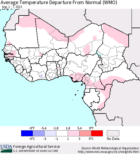 Western Africa Average Temperature Departure from Normal (WMO) Thematic Map For 8/1/2022 - 8/7/2022