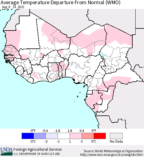 Western Africa Average Temperature Departure from Normal (WMO) Thematic Map For 8/8/2022 - 8/14/2022