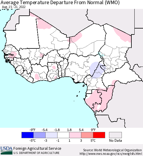 Western Africa Average Temperature Departure from Normal (WMO) Thematic Map For 8/15/2022 - 8/21/2022