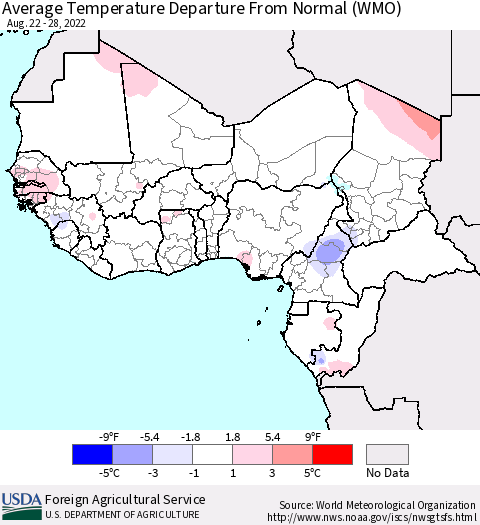 Western Africa Average Temperature Departure from Normal (WMO) Thematic Map For 8/22/2022 - 8/28/2022