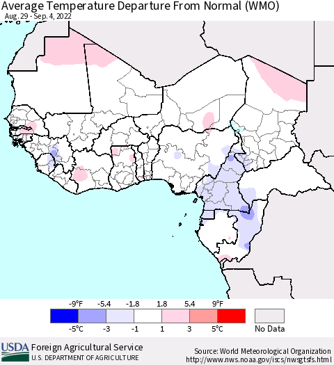 Western Africa Average Temperature Departure from Normal (WMO) Thematic Map For 8/29/2022 - 9/4/2022