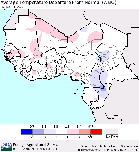 Western Africa Average Temperature Departure from Normal (WMO) Thematic Map For 9/5/2022 - 9/11/2022