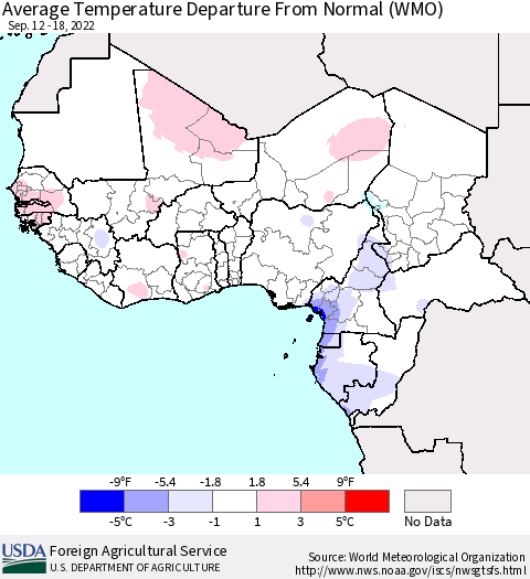 Western Africa Average Temperature Departure from Normal (WMO) Thematic Map For 9/12/2022 - 9/18/2022