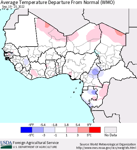 Western Africa Average Temperature Departure from Normal (WMO) Thematic Map For 9/19/2022 - 9/25/2022