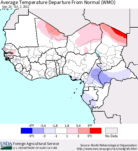 Western Africa Average Temperature Departure from Normal (WMO) Thematic Map For 9/26/2022 - 10/2/2022