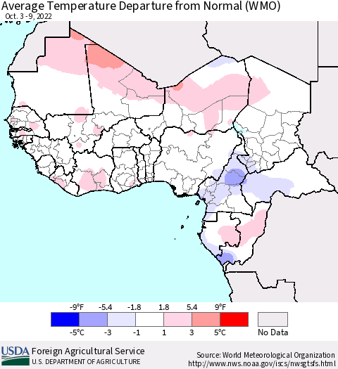 Western Africa Average Temperature Departure from Normal (WMO) Thematic Map For 10/3/2022 - 10/9/2022