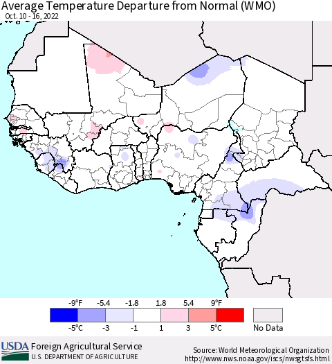Western Africa Average Temperature Departure from Normal (WMO) Thematic Map For 10/10/2022 - 10/16/2022