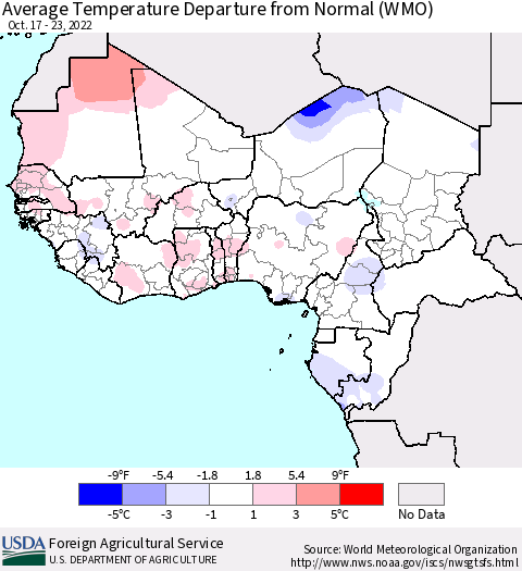 Western Africa Average Temperature Departure from Normal (WMO) Thematic Map For 10/17/2022 - 10/23/2022