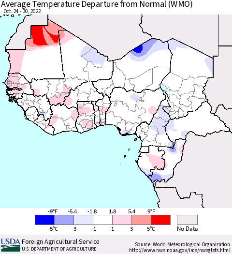 Western Africa Average Temperature Departure from Normal (WMO) Thematic Map For 10/24/2022 - 10/30/2022