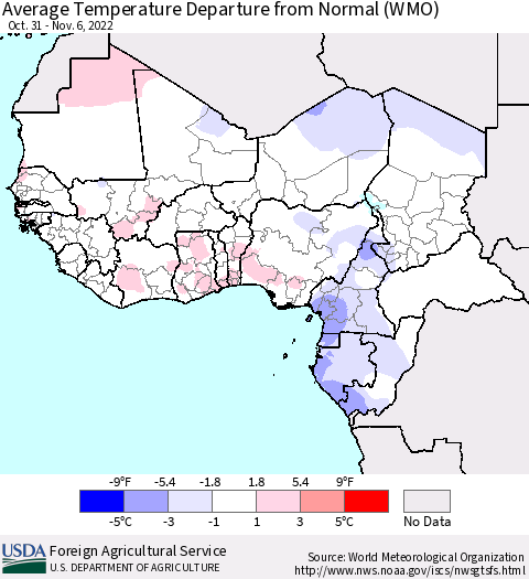 Western Africa Average Temperature Departure from Normal (WMO) Thematic Map For 10/31/2022 - 11/6/2022