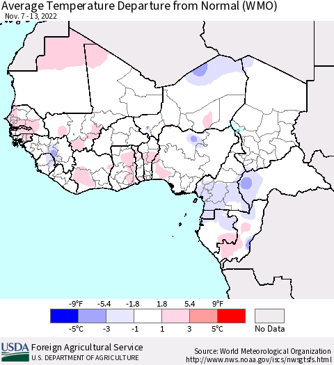 Western Africa Average Temperature Departure from Normal (WMO) Thematic Map For 11/7/2022 - 11/13/2022