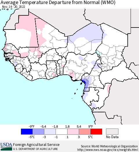 Western Africa Average Temperature Departure from Normal (WMO) Thematic Map For 11/14/2022 - 11/20/2022