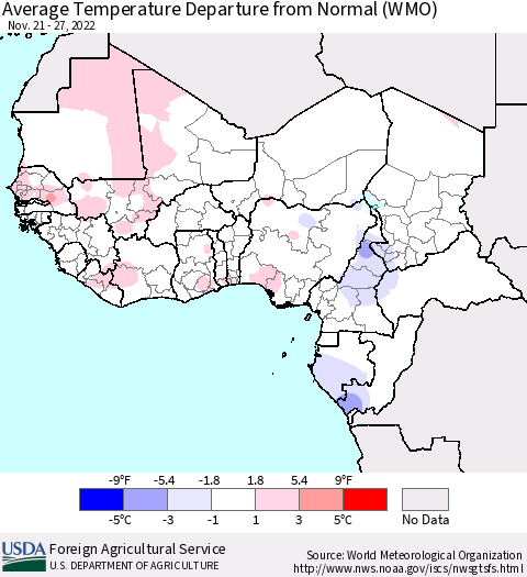 Western Africa Average Temperature Departure from Normal (WMO) Thematic Map For 11/21/2022 - 11/27/2022