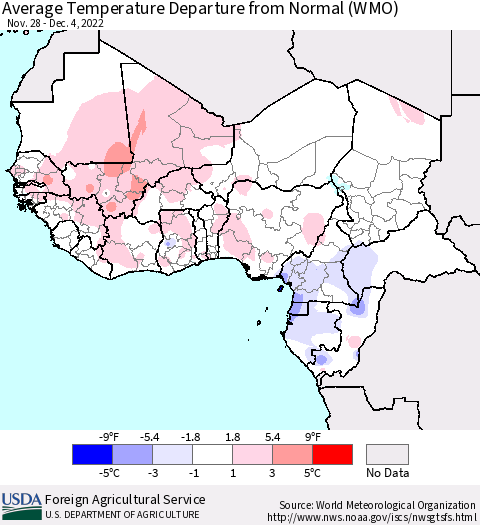 Western Africa Average Temperature Departure from Normal (WMO) Thematic Map For 11/28/2022 - 12/4/2022