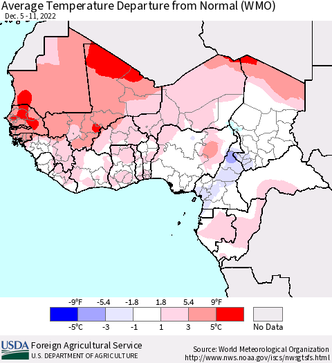 Western Africa Average Temperature Departure from Normal (WMO) Thematic Map For 12/5/2022 - 12/11/2022