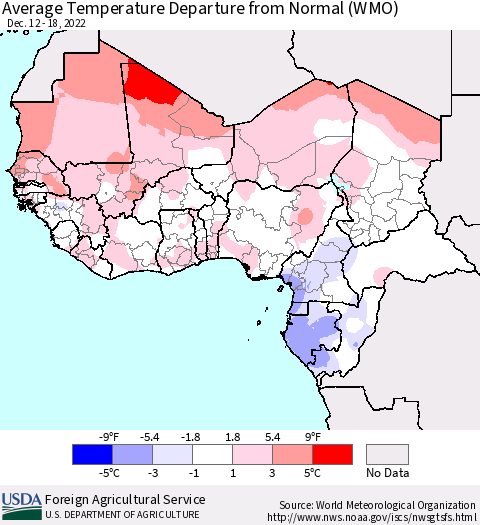 Western Africa Average Temperature Departure from Normal (WMO) Thematic Map For 12/12/2022 - 12/18/2022