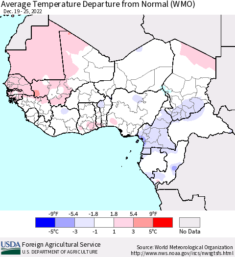 Western Africa Average Temperature Departure from Normal (WMO) Thematic Map For 12/19/2022 - 12/25/2022