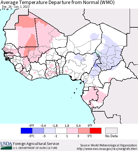 Western Africa Average Temperature Departure from Normal (WMO) Thematic Map For 12/26/2022 - 1/1/2023