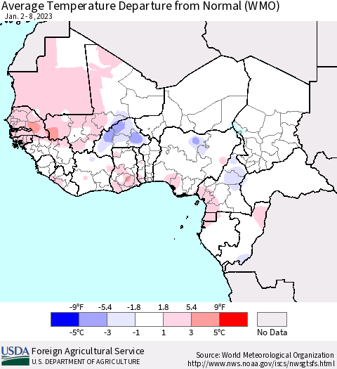 Western Africa Average Temperature Departure from Normal (WMO) Thematic Map For 1/2/2023 - 1/8/2023