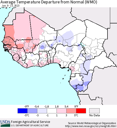 Western Africa Average Temperature Departure from Normal (WMO) Thematic Map For 1/9/2023 - 1/15/2023