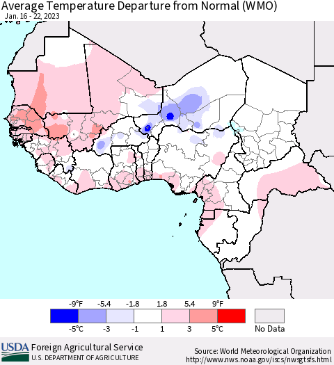 Western Africa Average Temperature Departure from Normal (WMO) Thematic Map For 1/16/2023 - 1/22/2023