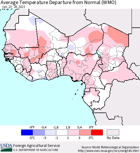 Western Africa Average Temperature Departure from Normal (WMO) Thematic Map For 1/23/2023 - 1/29/2023