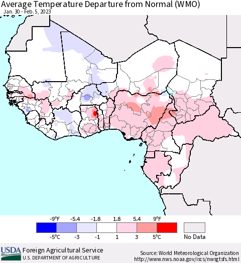 Western Africa Average Temperature Departure from Normal (WMO) Thematic Map For 1/30/2023 - 2/5/2023