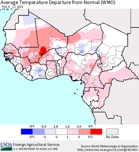 Western Africa Average Temperature Departure from Normal (WMO) Thematic Map For 2/6/2023 - 2/12/2023