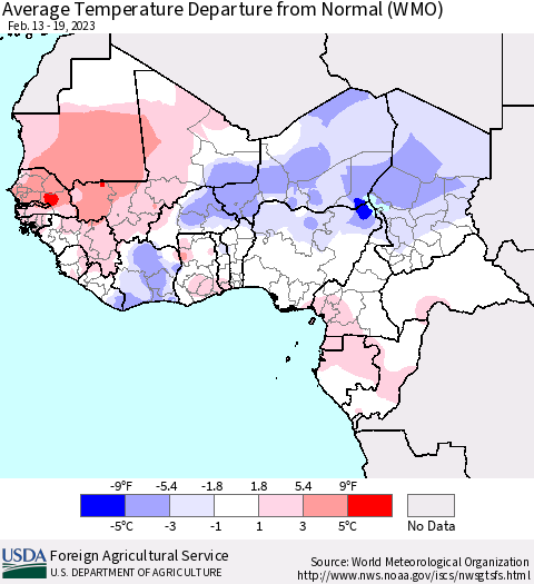 Western Africa Average Temperature Departure from Normal (WMO) Thematic Map For 2/13/2023 - 2/19/2023