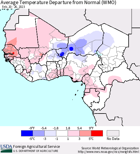 Western Africa Average Temperature Departure from Normal (WMO) Thematic Map For 2/20/2023 - 2/26/2023