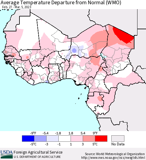 Western Africa Average Temperature Departure from Normal (WMO) Thematic Map For 2/27/2023 - 3/5/2023