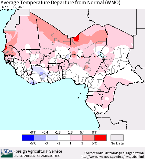 Western Africa Average Temperature Departure from Normal (WMO) Thematic Map For 3/6/2023 - 3/12/2023