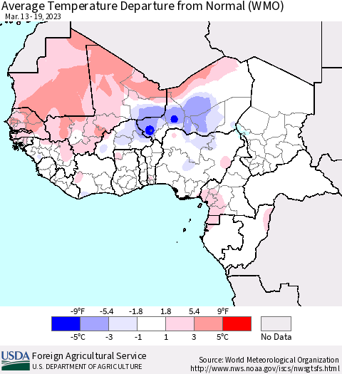 Western Africa Average Temperature Departure from Normal (WMO) Thematic Map For 3/13/2023 - 3/19/2023