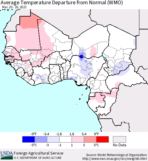 Western Africa Average Temperature Departure from Normal (WMO) Thematic Map For 3/20/2023 - 3/26/2023