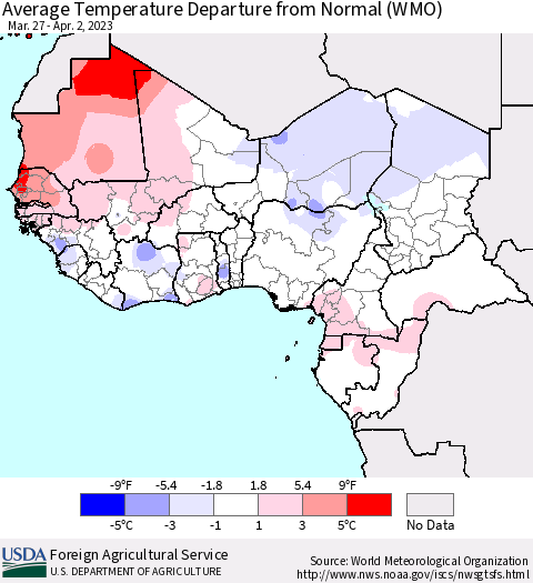 Western Africa Average Temperature Departure from Normal (WMO) Thematic Map For 3/27/2023 - 4/2/2023