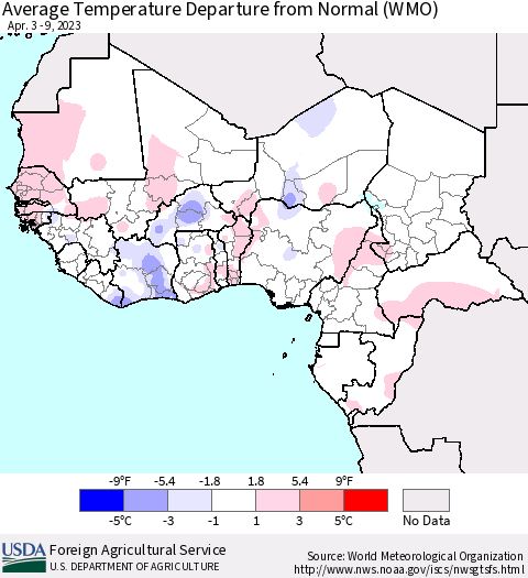 Western Africa Average Temperature Departure from Normal (WMO) Thematic Map For 4/3/2023 - 4/9/2023
