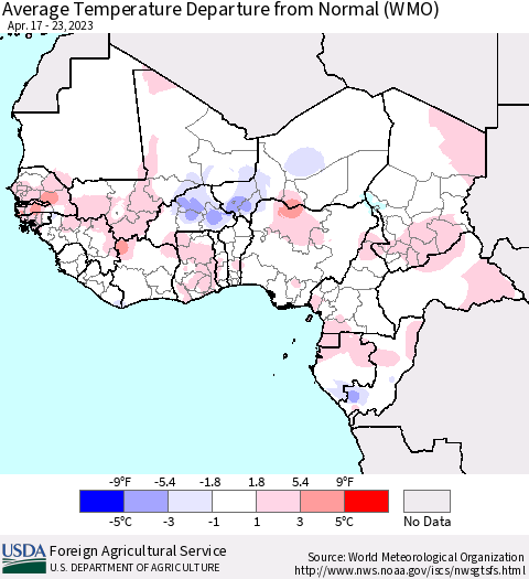 Western Africa Average Temperature Departure from Normal (WMO) Thematic Map For 4/17/2023 - 4/23/2023
