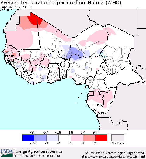 Western Africa Average Temperature Departure from Normal (WMO) Thematic Map For 4/24/2023 - 4/30/2023