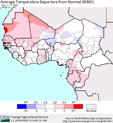 Western Africa Average Temperature Departure from Normal (WMO) Thematic Map For 5/1/2023 - 5/7/2023