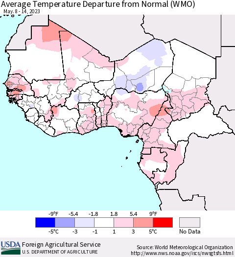 Western Africa Average Temperature Departure from Normal (WMO) Thematic Map For 5/8/2023 - 5/14/2023