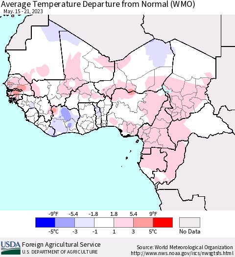 Western Africa Average Temperature Departure from Normal (WMO) Thematic Map For 5/15/2023 - 5/21/2023