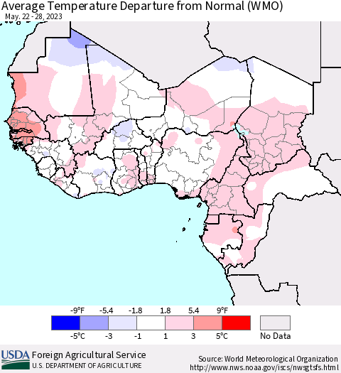 Western Africa Average Temperature Departure from Normal (WMO) Thematic Map For 5/22/2023 - 5/28/2023