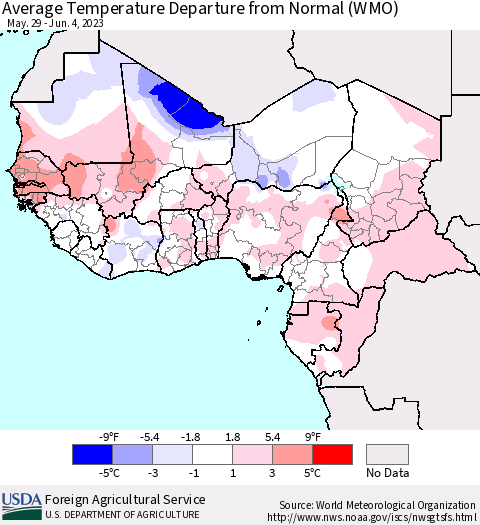 Western Africa Average Temperature Departure from Normal (WMO) Thematic Map For 5/29/2023 - 6/4/2023