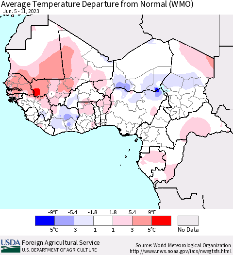 Western Africa Average Temperature Departure from Normal (WMO) Thematic Map For 6/5/2023 - 6/11/2023