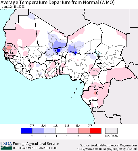 Western Africa Average Temperature Departure from Normal (WMO) Thematic Map For 6/12/2023 - 6/18/2023
