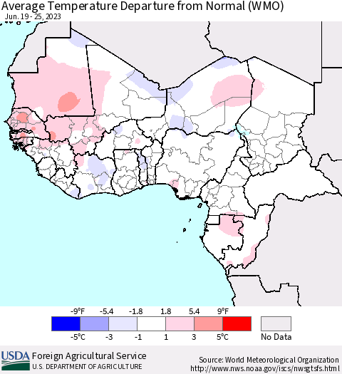 Western Africa Average Temperature Departure from Normal (WMO) Thematic Map For 6/19/2023 - 6/25/2023