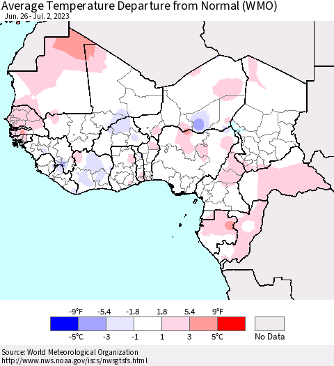 Western Africa Average Temperature Departure from Normal (WMO) Thematic Map For 6/26/2023 - 7/2/2023