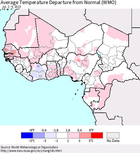 Western Africa Average Temperature Departure from Normal (WMO) Thematic Map For 7/3/2023 - 7/9/2023