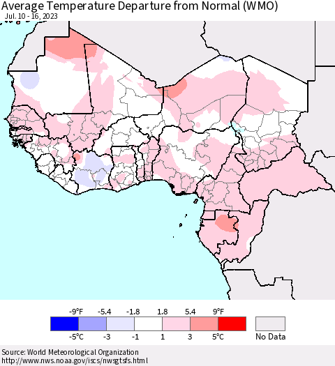 Western Africa Average Temperature Departure from Normal (WMO) Thematic Map For 7/10/2023 - 7/16/2023