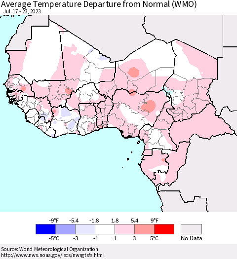 Western Africa Average Temperature Departure from Normal (WMO) Thematic Map For 7/17/2023 - 7/23/2023